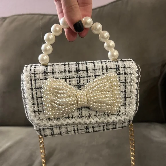 NEW Micro Mini Bag Navy Blue White Tweed Pearl Bow Pearl Top Handle Two-Way - Picture 4 of 12